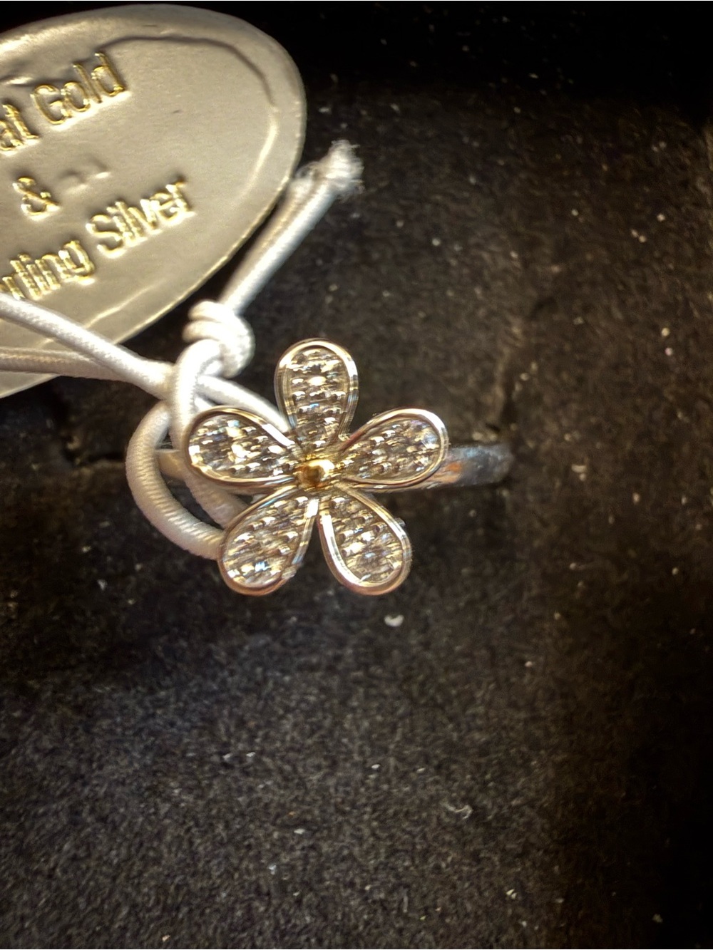 Sterling Silver Flower Ring with Gold Accent - White Crystal Petals 925 14kt